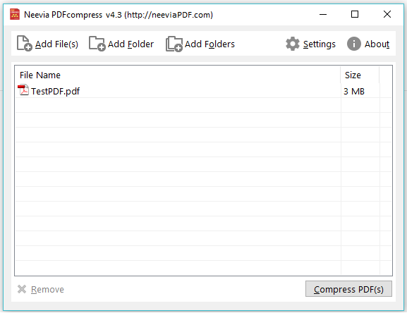 PDFcompress main window