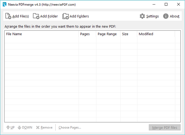 Neevia PDFmerge main window