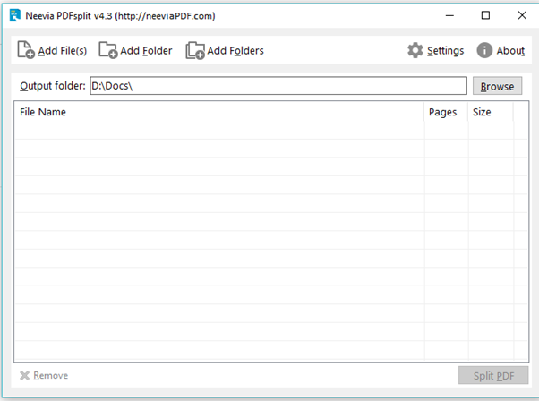 Neevia PDFsplit main window